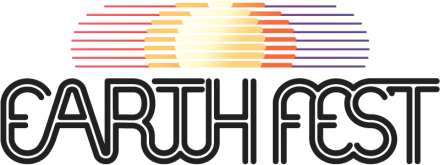Logo reading "Earth Fest" in swirly, hippy-like font. Above the words there is images of a sun rising - bright yellow in the center with circles of various colors rippling out.