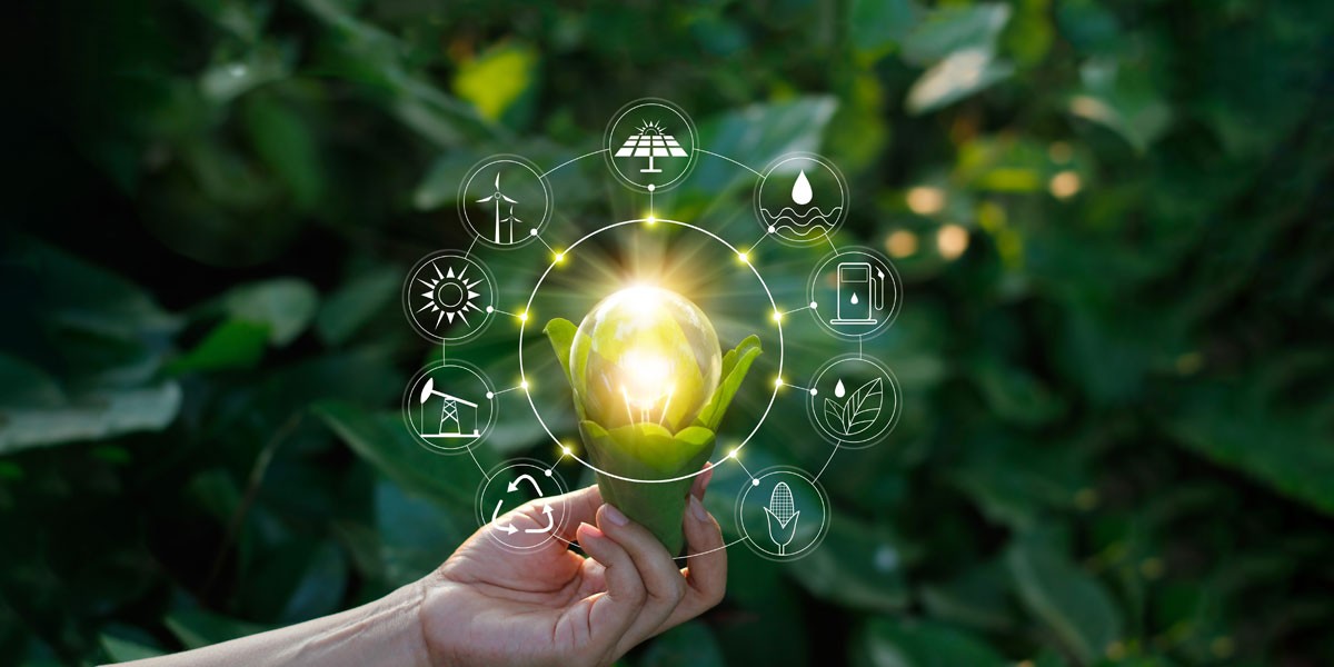 An illustration depicting a lightbulb running on bioenergy