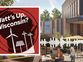 Watt's Up, Wisconsin logo with a rendering of the Computer, Data, Information Science building on UW–Madison's campus.