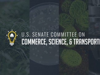 U.S. Senate Committee on Commerce, Science, and Transportation's logo overlaid on images that represent the bioeconomy