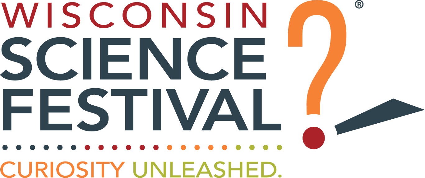 Red and blue lettering reading "Wisconsin Science Festival Curiosity Unleashed" with a big orange question mark.