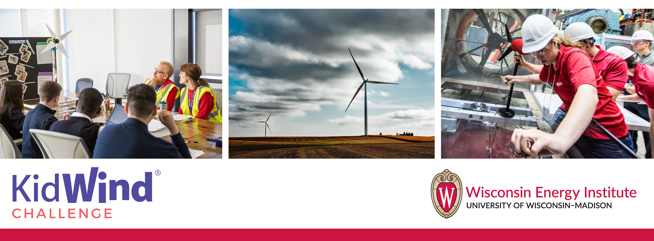 Image shows team members participating in the KidWind challenge, test turbines in tunnel and present in front of judges.