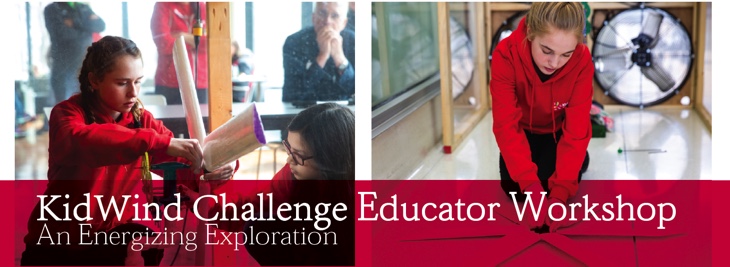 Banner image with two photographs, each showing a determined and focused young girl working on her wind turbine with a 4'x4' wind tunnel in the background. 