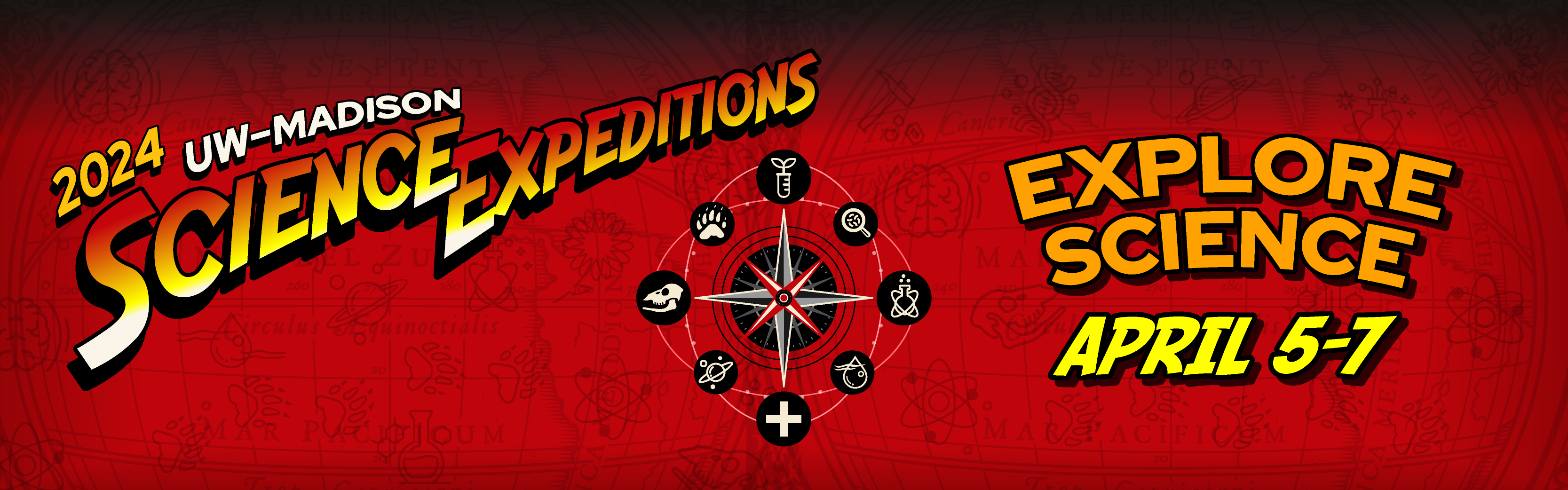 Red banner with the words Science Expeditions in an adventuresome font with a compass in the middle. The compass has science-themed images around it instead of the traditional "N" "S" markers.