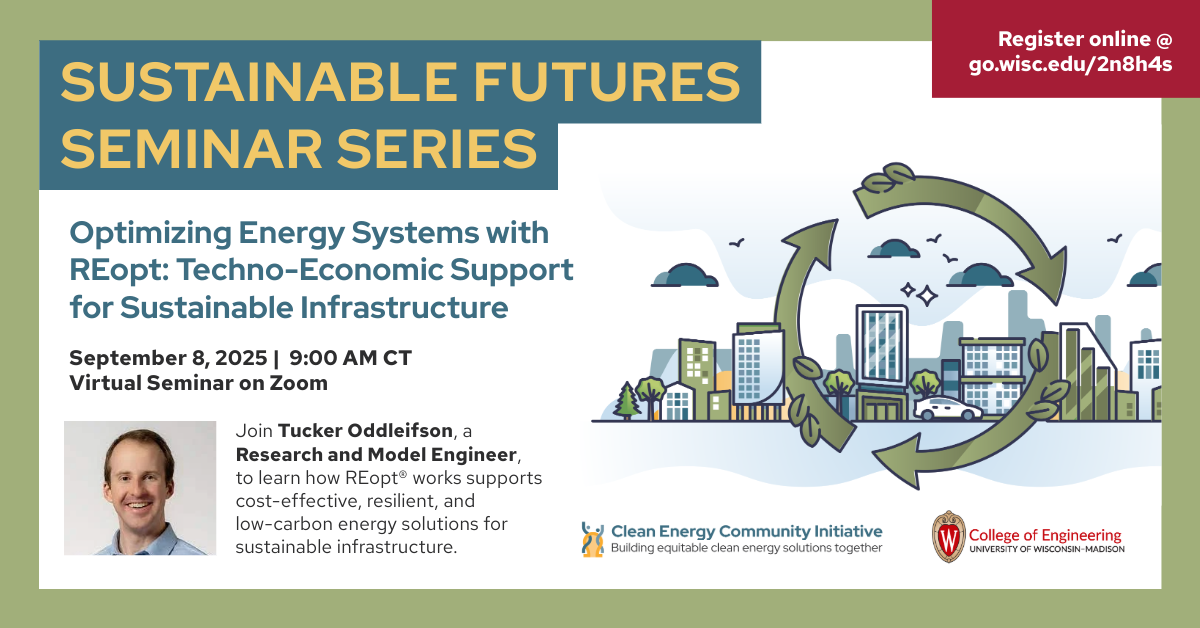 An image with an illustration of sustainability and the speaker of the event, Tucker Oddeleifson