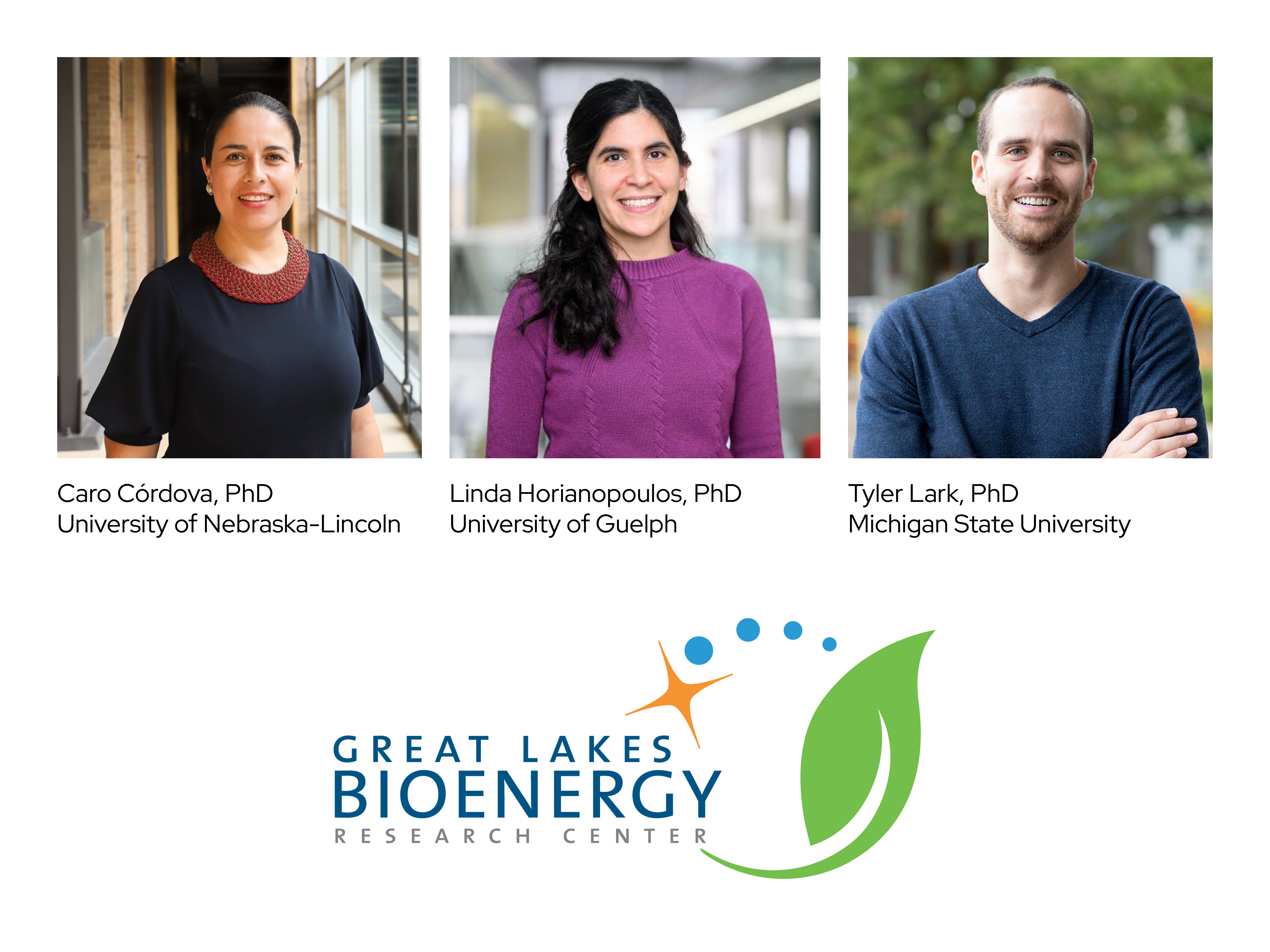 Headshots of Profs Cordova, Horianopoulos & Lark. Plus GLBRC logo underneath their images.