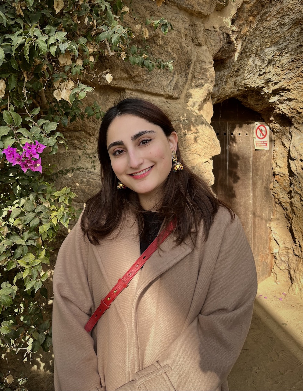 Headshot of Amal Khan, a feminine presenting person with brown hair smiling in front of a rocky wall. 