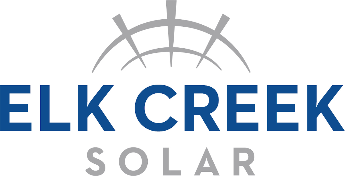 Blue text reading "elk creek solar" with a grey fence graphic above
