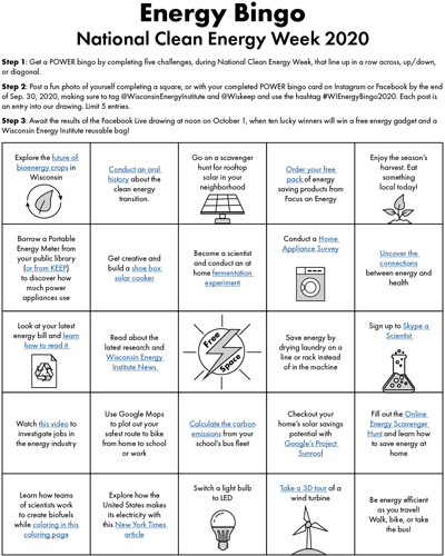 A preview of the Wisconsin Energy Bingo card