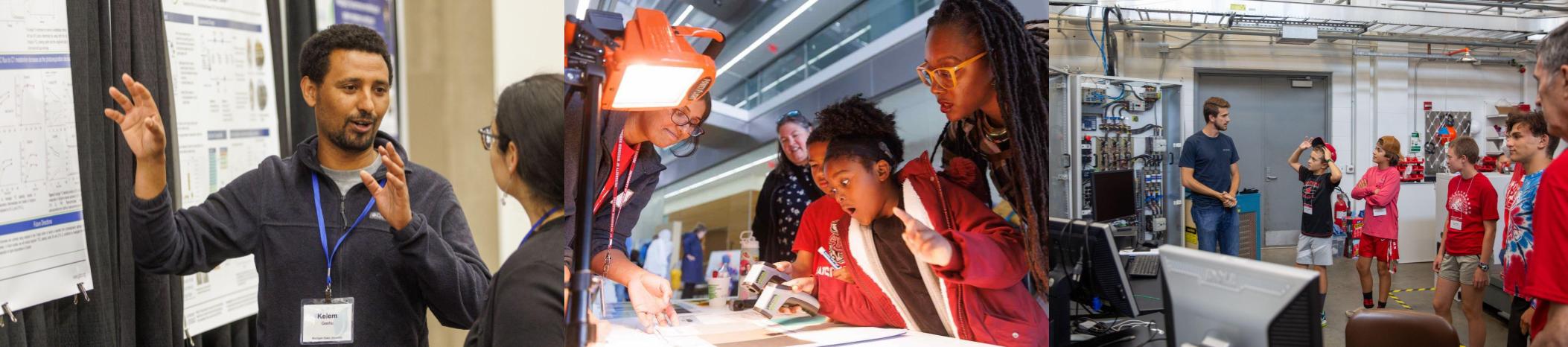 Scientists engage in various activities - presenting a poster, running a hands-on activity for families, and giving a lab tour to youth. 