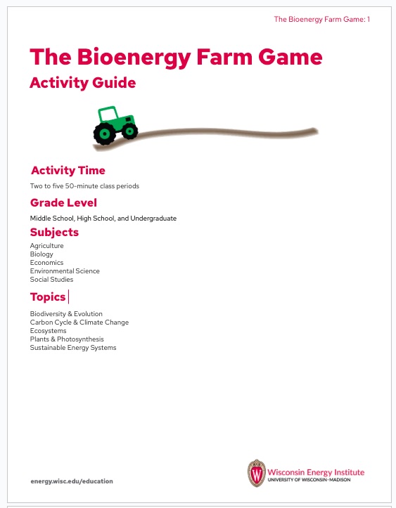 Screenshot of Farm Game Activity Guide first page