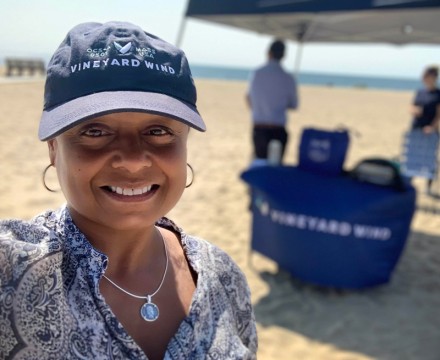 Vineyard Wind's Massachusetts Liaison Dana Rebeiro, at an outreach event on Covell's Beach in Cape Cod. (Courtesy Dana Rebeiro)