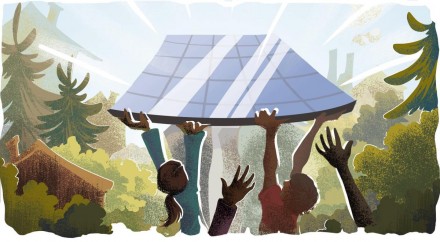 An illustration of children holding up a solar panel