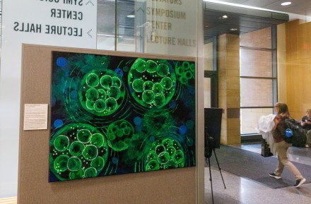 A green and blue microbial-themed painting of clustered algae-like cells displayed on a partition in a building lobby, with a wall label beside it and people walking past glass doors labeled 'Symposium Center' and 'Lecture Halls' in the background.