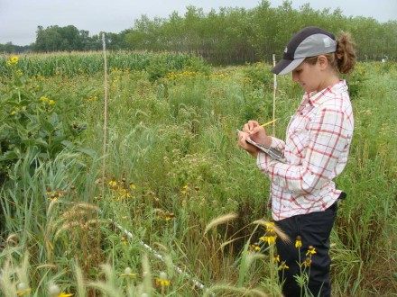 Woman standing in field of prairie grasses writing on a clipboard