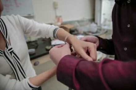 Close-up of the device on someone's wrist.