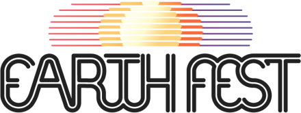 Logo reading "Earth Fest" in swirly, hippy-like font. Above the words there is images of a sun rising - bright yellow in the center with circles of various colors rippling out.