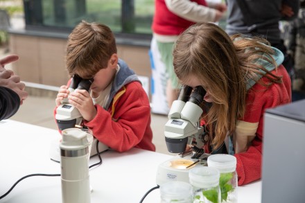 Two kids look under a microscope