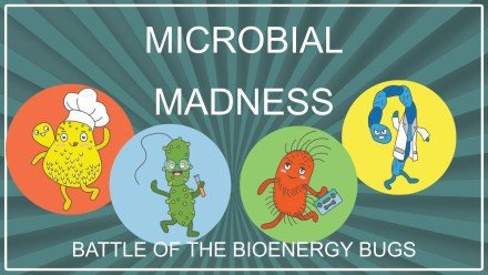 poster with drawings of four cartoon characters representing microbes