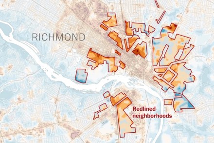 A graphic showing redlined neighborhoods in Richmond and average temperatures in those neighborhoods