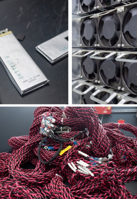 Three-panel detail photo: labeled pouch cell batteries (top left), a rack of cooling fans (top right), and a bundle of twisted red-and-black wiring harnesses with connectors (bottom).