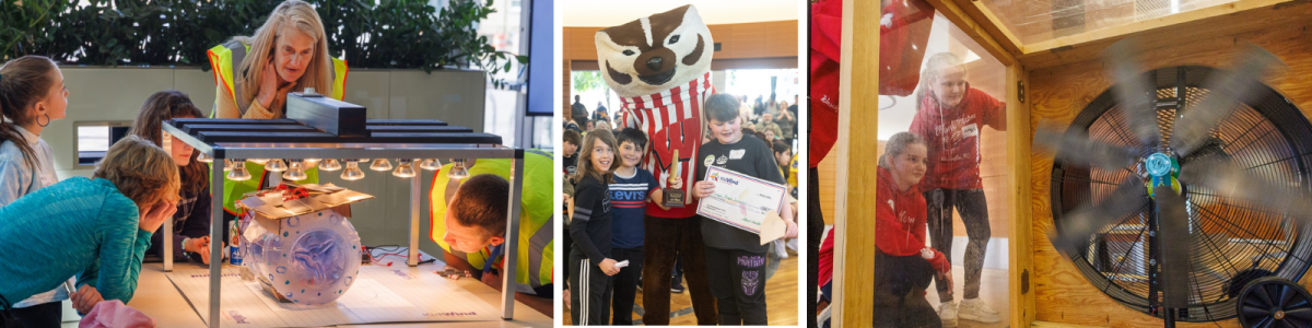 Students present to judges, hug Bucky and test their turbines at the KidWind Challenge