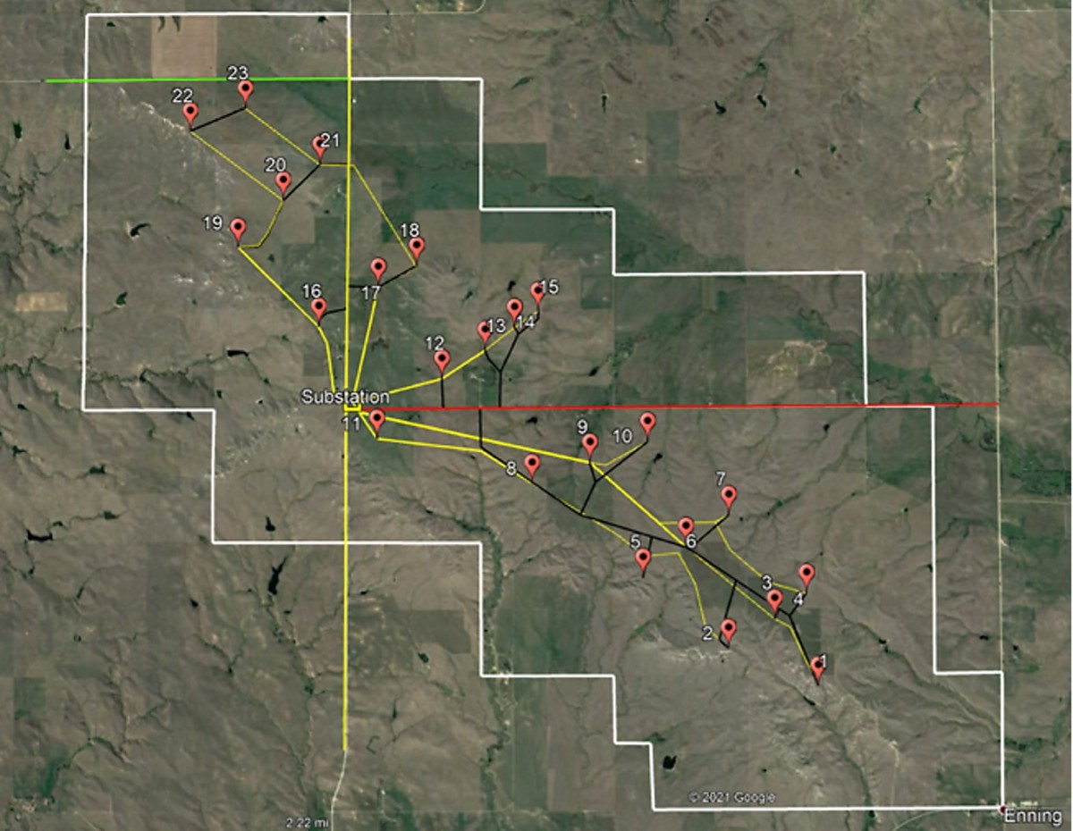 A Google map screenshot of the team's siting plan for a one-hundred-megawatt windfarm