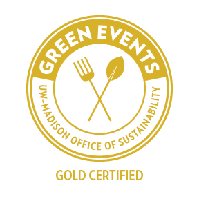 A gold seal with a fork and spoon inside reading "green events gold certified"