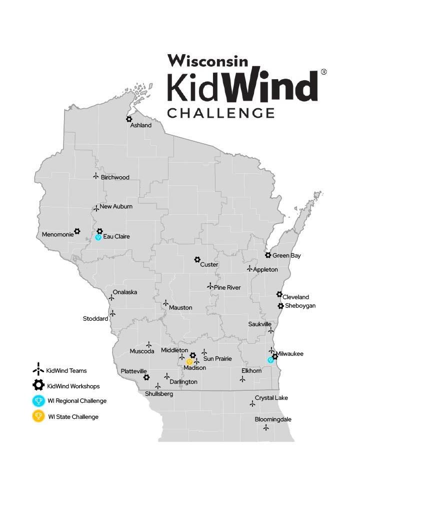 Map of where KidWind has been in Wisconsin
