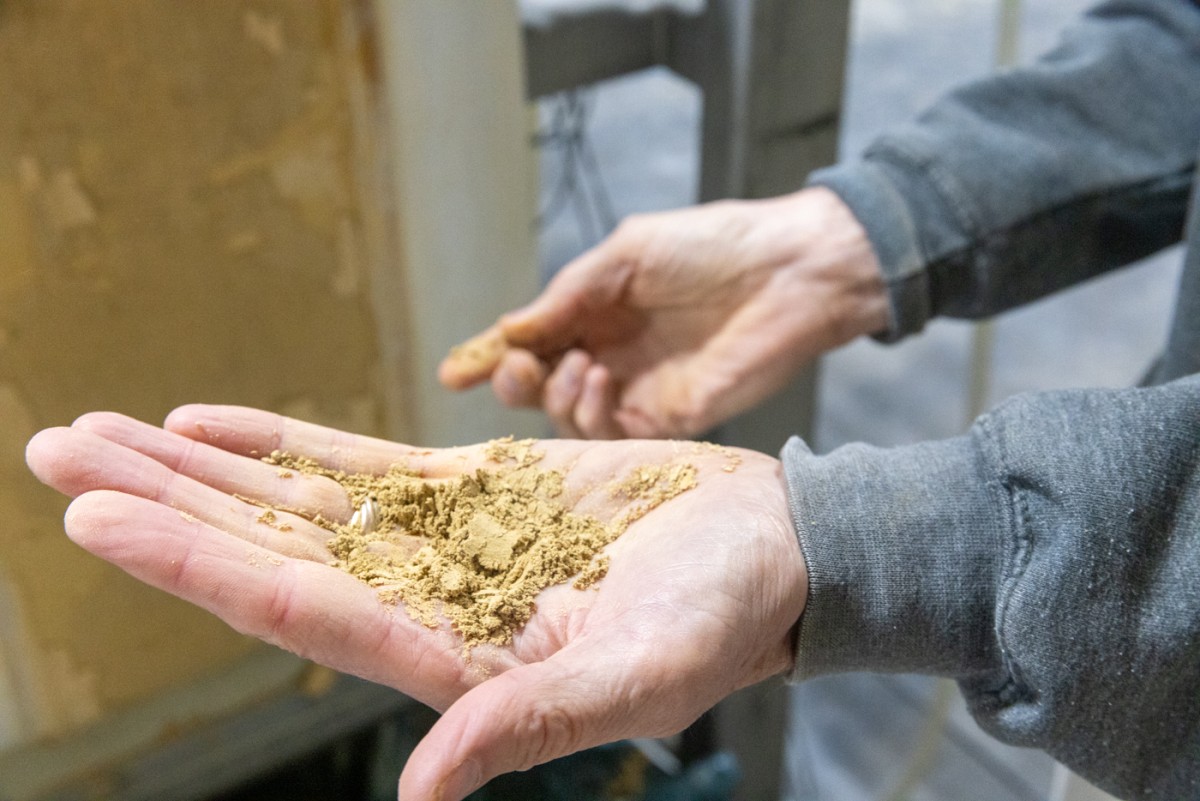 Closeup photo of a pile of light brown powder in the palm of an upturned hand
