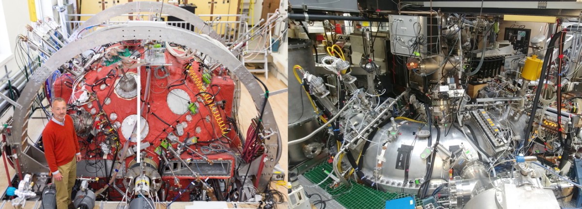 Mashup of two photos. At left, a man stands in front of a large, mostly red spherical assembly covered by an array of wires, hoses, and gauges. At right is a stainless steel device shaped like a donut connected to numerous wires, hoses, and other equipment.