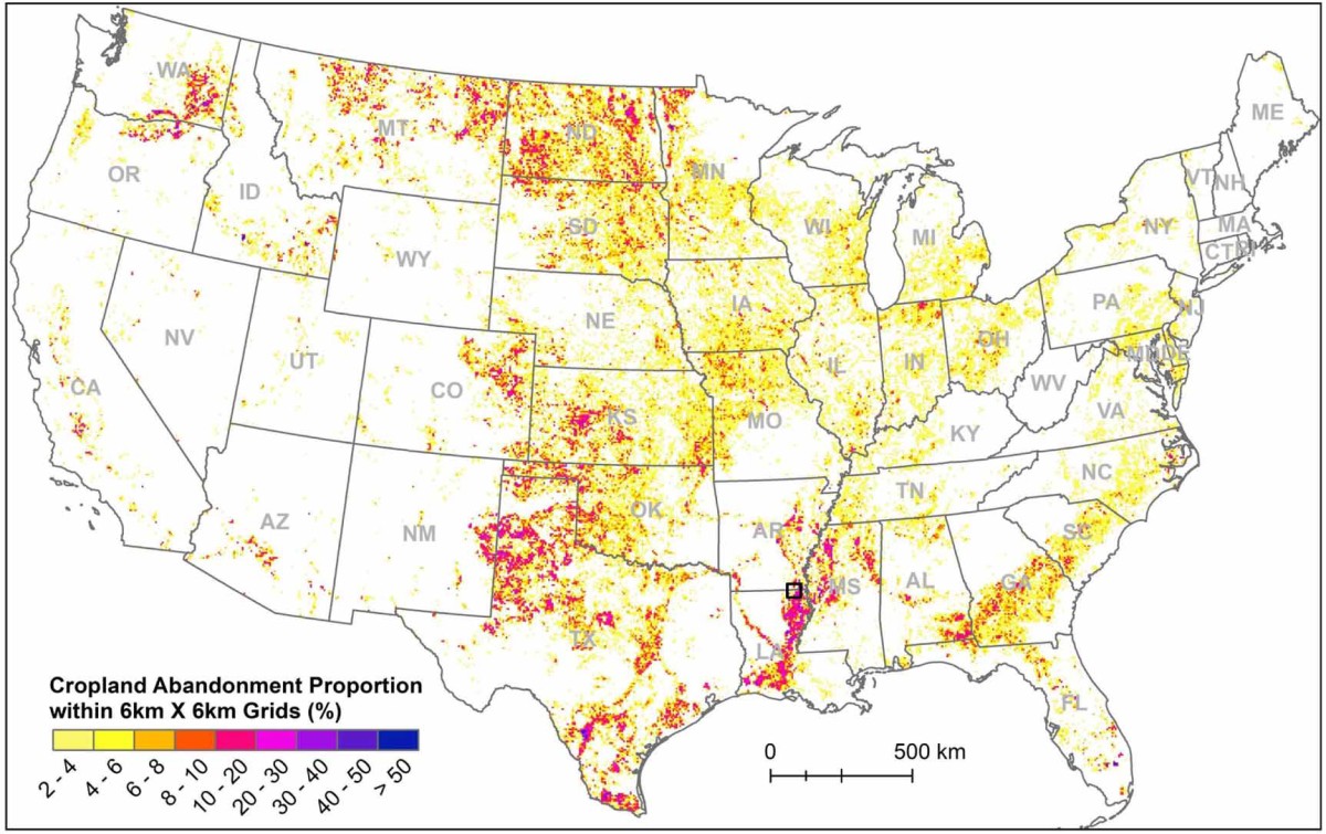 Color-coded map of coterminous United States.