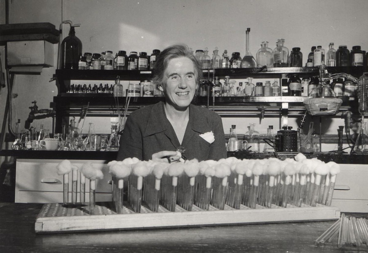 Smiling woman sitting behind a workbench lined with test tubes.