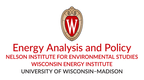 Logo for the UW Madison Energy Analysis and Policy Program featuring the UW red, gold, and white crest