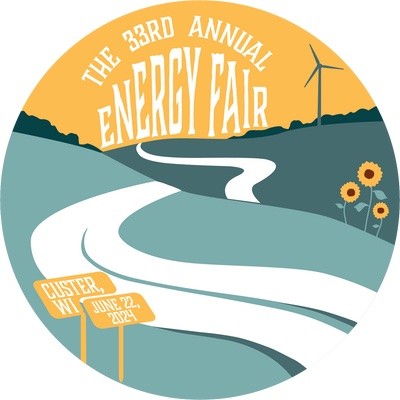 Graphic for the 2024 energy fair featuring a winding street over hills with solar and wind leading to a yellow sunset sky