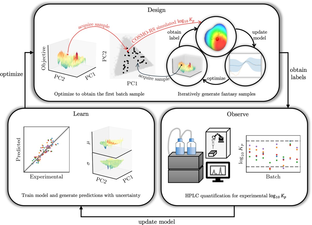 diagram illustrates a Bayesian experimental design process with three main interconnected stages: Design, Learn, and Observe. The Design stage consists of two parts: "Optimize to obtain the first batch sample" (showing 3D surface plots with principal components) and "Iteratively generate fantasy samples" (with a circular workflow of obtaining labels, updating models, and optimization). It includes COSMO-RS simulation for log10 Kp values.