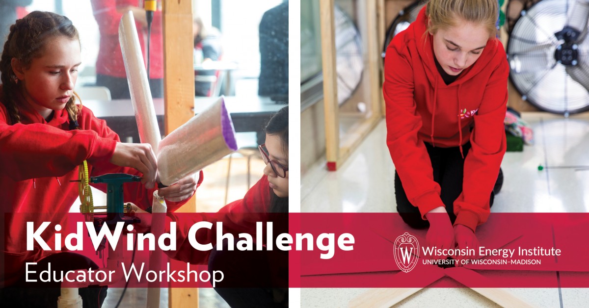 Banner image reading "KidWind Challenge Educator Workshop" showing two students in red working on their turbines.