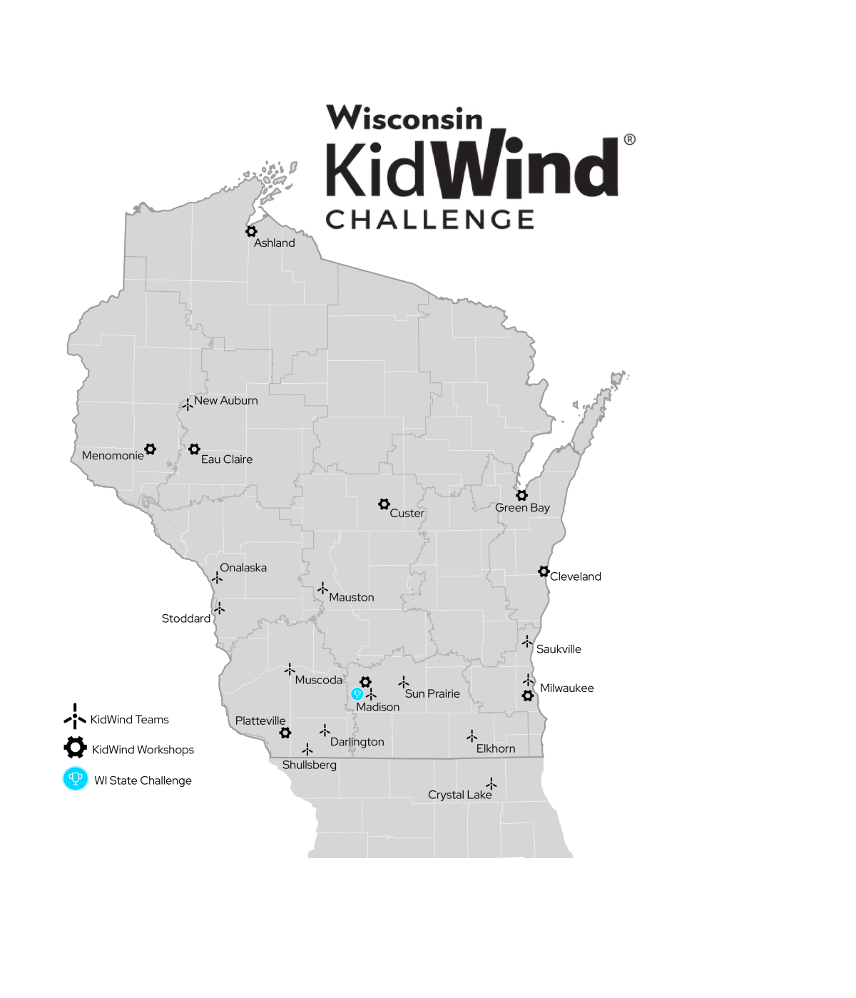 Map of where KidWind has been in Wisconsin