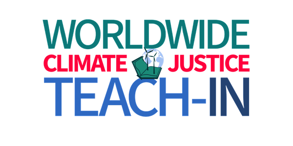 Worldwide Climate Justice Teach-in Logo in green, red and blue lettering. A wind turbine is emerging from a book in the middle of the text.
