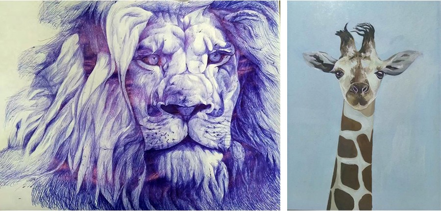 Paintings by Jianping Li of a lion's face and a giraffe head