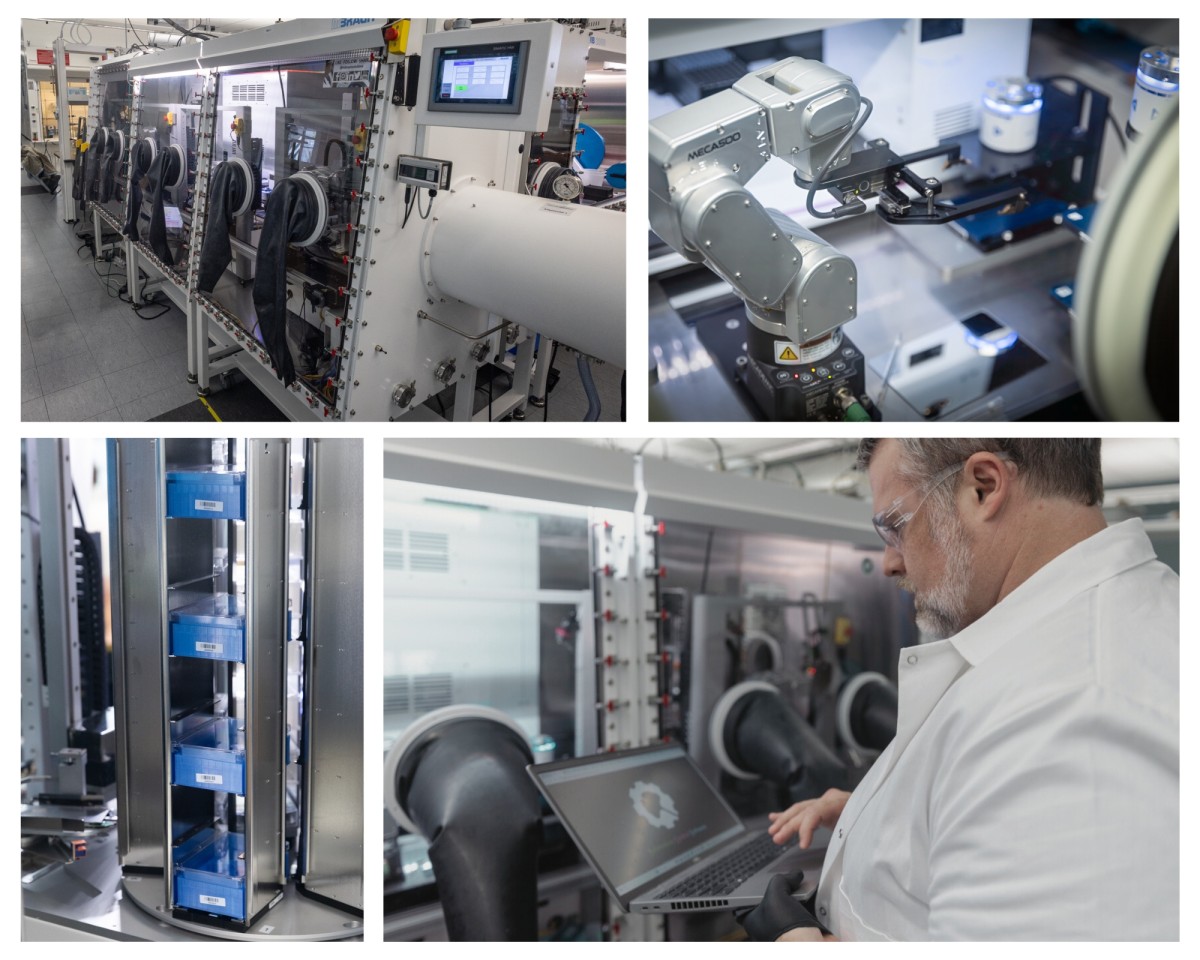 A four-image collage showcasing an advanced automated laboratory. It features a long glovebox workstation with integrated robotics, a high-precision robotic arm handling samples, a vertical storage carousel with blue trays, and a scientist in a lab coat monitoring the system using a laptop.