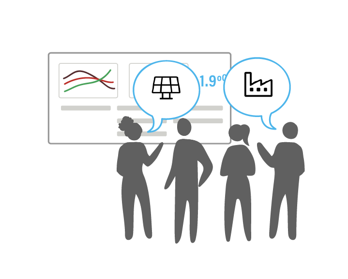 Outlines of people in front of enroads simulation model with thought bubbles of different solutions