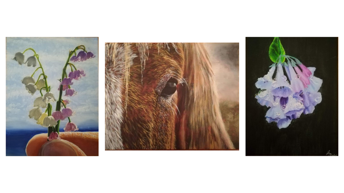 Three paintings left to right: Sprigs of white and purple bell shaped flowers held up against a blue sky between a thumb and forefinger; A brown horse's eye and and forehead; Dewy pastel blue, purple, and pink flowers on a dark background