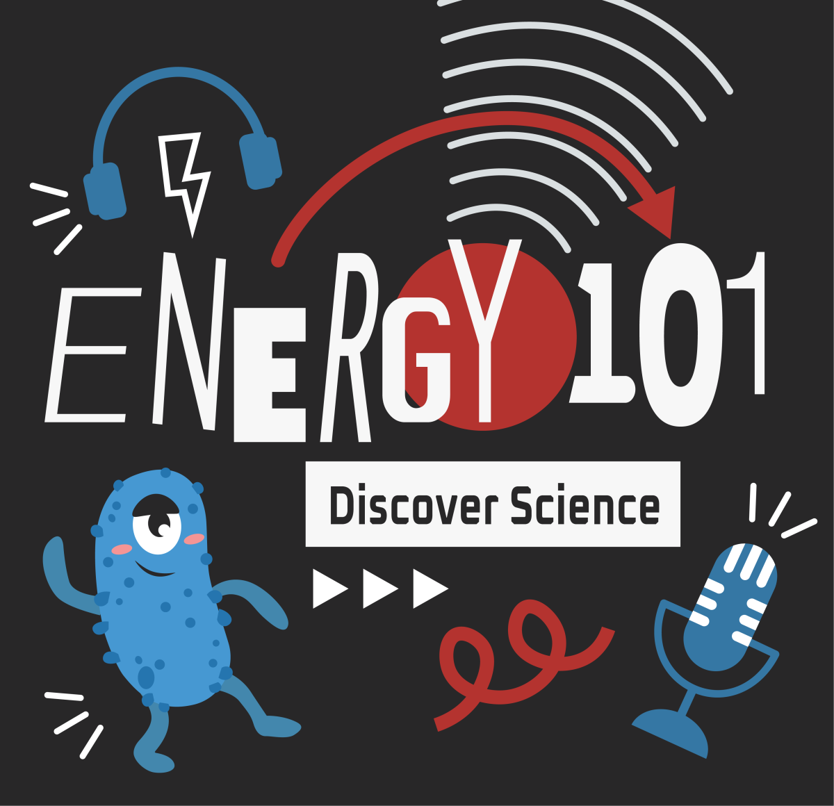 Energy 101 logo with cartoon microbes, microphone, headphones, and lightning bolt