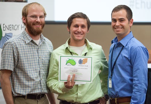 uGrid, represented by Joe Goldman (middle) and Craig Poulin (right), won the Energy Hub People's Choice Award at the November WESC.