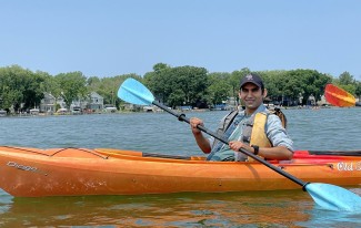 Post-doctoral researcher Balendra Sah kayaking.