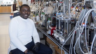 Blaise Manga Enuh, postdoc in the Noguera Lab at UW–Madison, studies microbes to convert biomass to beneficial compounds such ethanol and others that are important in biomanufacturing.