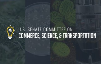 U.S. Senate Committee on Commerce, Science, and Transportation's logo overlaid on images that represent the bioeconomy