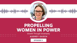 Headshot of Audrey Gasch in front of frequency waves. Titled: Propelling Women In Power: Growth Through Uncertainty with Audrey Gasch.
