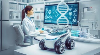 AI generated image of a female scientist in a laboratory setting looking at a screen with nonsensical shapes. On a table in the foreground is a small, four-wheeled vehicle filled with test tubes.